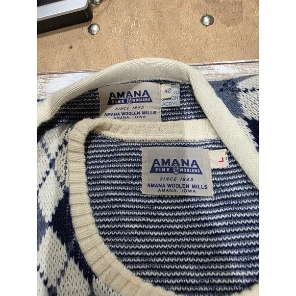 Amana Woolen Mills Blue Argyle Sweater Vest and Cardigan Set Mens Large Vintage